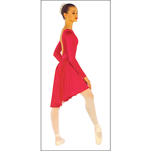 Long Sleeve Dance Dress Style #: OSD-0052. Nylon/Lycra Long Sleeve Dance Dress, has a boat neck, low back and a cascade skirt (19" Front / 21" Back). Top is front lined.Dress Has An Attached Brief.

<li> Non-stock item. Allow two weeks for shipping. If unable to wait two weeks please call to check availablity.<br>
<li> Can also be made in other colors. Call to enquire about other fabric and color availabilties. Additional charges my apply.<br>