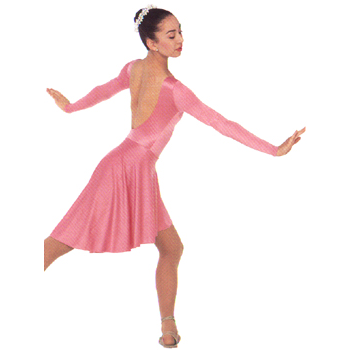 Long Sleeve Dance Dress Style #: OSD-0052. Nylon/Lycra Long Sleeve Dance Dress, Boat neck, Low back and a cascade skirt (19" Front / 21" Back).Top is front lined.Dress Has An Attached Brief.

<li> Non-stock item. Allow two weeks for shipping. If unable to wait two weeks please call to check availablity.<br>

<li> Can also be made in other colors. Call to enquire about other fabric and color availabilties. Additional charges my apply.<br>