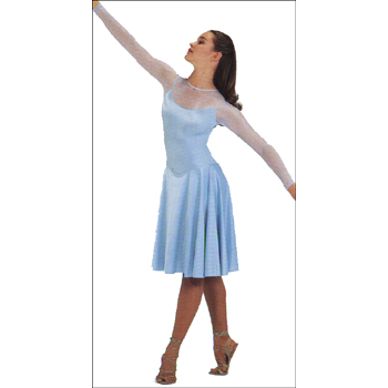 Sheer  Top - Lycra Dance Dress Style #: 0071. Crystal sheer long sleeves and yoke,portrait bodice,V-front  skirt. Top front lined.Dress Has An Attached Brief.