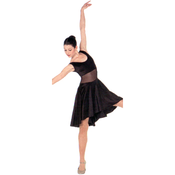Sheer Midriff Dance Dress Style #: OSD-0086. Lycra Dance Dress with a stretch mesh midriff. Sleeveless scoop neck and back, cascade skirt. Top is front lined.Dress Has An Attached Brief.*** Allow 2-weeks for shipping. If needed in a rush call to check availability.***