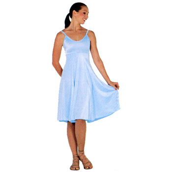 Empire Waist- Lycra & Chiffon Dance Dress Style #: OS-8603-1. Thin Strap leotard with empire, double-layer, sheer chiffon skirt. Top is front lined. Over the knee length. Dress Has An Attached Brief. 
 *** Non stock item-please allow 2 weeks for shipping ***