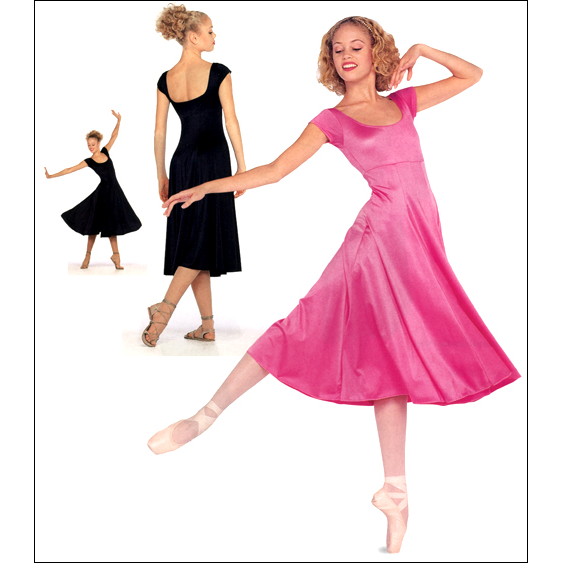Cap sleeves Dance Dress Style #: OSD-0100. Cap sleeves,open neck,scoop back with empire six gore panel skirt.
Top front lined.Dress Has An Attached Brief

<li> Non-stock item. Allow two weeks for shipping. If unable to wait two weeks please call to check availablity.<br>
<li> Can be made in other colors. Call to enquire about other fabric and color availabilties. Additional charges my apply.<br>
