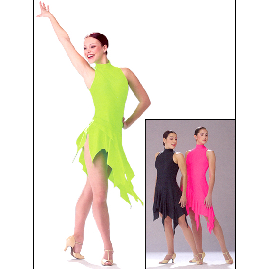 Matte Lycra Dance Dress Style #: OSD-0219. Matte Lycra, turtle neck, leotard based dance dress. Back neck clasp, with a 3 tiered assymetrical skirt bottom.DRESS HAS A OPEN KEY HOLE BACK.

<li> Please allow two weeks for shipping. If unable to wait two weeks please call to check availablity.<br>
<li> Can be made in other colors. Call to enquire about fabric/color availabilties.<br>