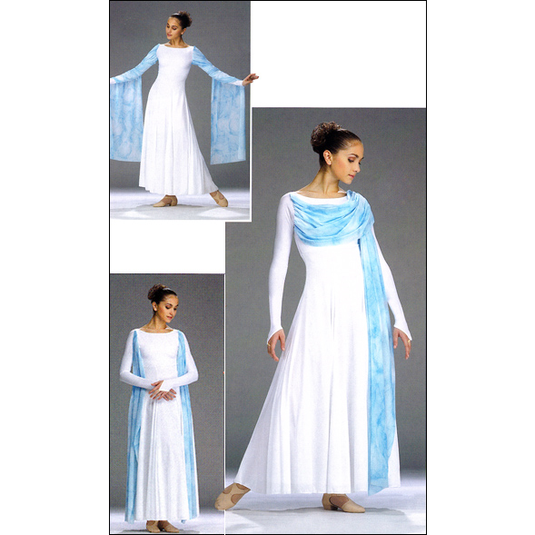Dance Choir Dress Style #: OSD-0233. Versatile matte lycra dress with long point sleeves.High round neck with attached tye-dye mesh bodice wrap. Empire double gore polyester skirt.Dress is front and back lined.*** In stock-Limited availability. Allow two weeks for shipping***.