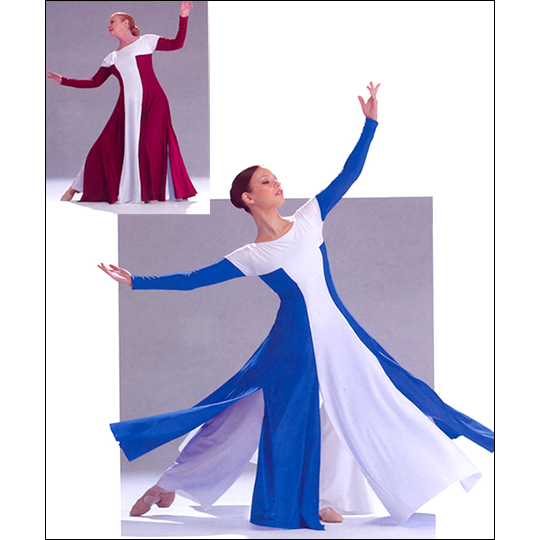 "Parables" Jumpsuit / Dress Style #: 0234/ OSD-124B. Matte Lycra empire jumpsuit with palazzo styled pant leg and an open seam skirt. The dress has a matching front and back color panel and bodice. Pant leg is extra long and may be cut to desired length. Top is front lined.
<li> Non-stock item. Allow two weeks for shipping. If unable to wait two weeks please call to check availablity.<br>
<li> Other color combinations can be made. call to inquire about fabric/color availabilties.<br>