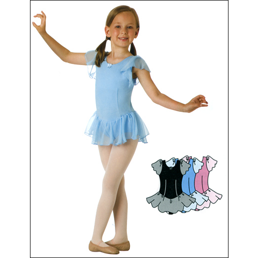 Skirted Darted Front Leotard Style #: 085. Skirted darted front leotard has polyester chiffon flutter sleeves and skirt.