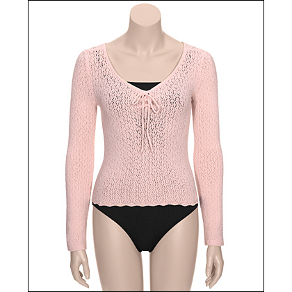 Womens' Pointelle Warmups Ballet Neck Top Style #: 1094. Ballet neck front with adjustable pinch front, this pointelle fabric is a dancer favorite. Room in the shoulders for movement and a tapered waist accentuates and moves with a dancers body.Adjustable pinch front.