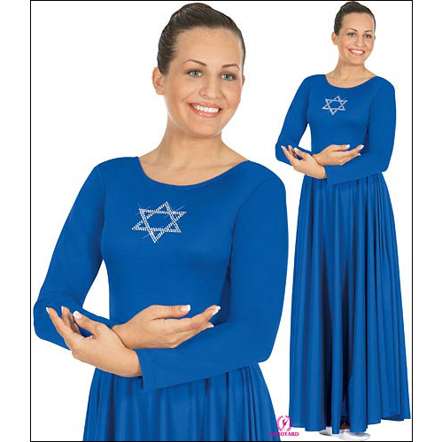 NOT AVAILABLE Style #: 1. Polyester Dress with Rhinestone Star of David Applique', Lined Bodice. Cut dress as needed to adjust length, no hemming required.