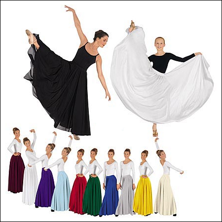 Triple Panel Lyrical Skirt Style #: Euro-13674. Triple Panel(Extra Full)Floor length Skirt with an elastic stretch waist. Avaiable in Adult and Child sizes;
Child-25" long (waist stretches 20"-30").
Child-31" long (waist stretches 21"-38").
Adult-37" long (waist stretches 24"-40").
Adult-40" long (waist stretches 25"-48").
<li> Cut as needed to adjust length, no hemming required.<br>
<li> Shown in picture with Black Camisole Leotard-sold seperately.<br>
<li> Limited stock item. Allow two weeks for shipping. If unable to wait two weeks please call to check availablity.<br>