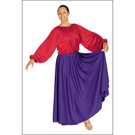 Liturgical and Lyrical Circle Skirt Style #: Euro-13778. Single Panel floor length Skirt with an elastic stretch waist. Avaiable in Adult and Child sizes;
Child-25" long (waist stretches 20"-30").
Child-31" long (waist stretches 21"-38").
Adult-37" long (waist stretches 24"-40").
Adult-40" long (waist stretches 25"-48").
<li> Cut as needed to adjust length, no hemming required.<br>
<li> Shown in picture with Black Camisole Leotard-sold seperately.<br>
<li> Limited stock item. Allow two weeks for shipping. If unable to wait two weeks please call to check availablity.<br>
