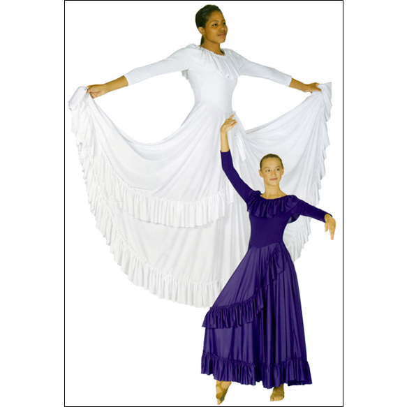 Polyester Revelation Dress Style #: 13779. Long and flowy ruffled dress with matching ruffle around the neckline. 3/4 sleeves.
*** Limited stock, allow 2 weeks for shipping. If placing a rush order please call for availability.***