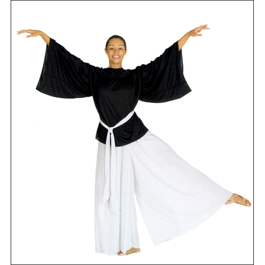 Drape Collar Angel Blouse Style #: 13807. Angel Sleeve Blouse With A Draped Collar Detail.Shown in picture with Palazzo pants #565 and sash Belt #536-both sold separately.