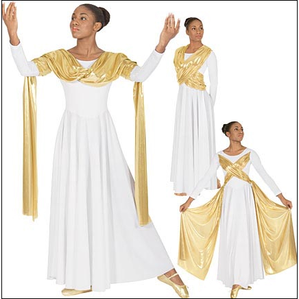 Metallic Overlay Dancer Dress Style #: Euro-14124. Polyester Dancer Dress with Attached Metallic Drape/Sash Overlay. Lined bodice.
<li> Limited stock item. Allow two weeks for shipping. If unable to wait two weeks please call to check availablity.<br>