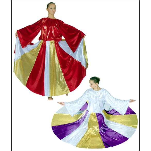 Tri-Color Metallic Panel Skirt Style #: 14781. <li> Child Size: 31" Floor length with an elastic waist that stretches from 21" to 38"
<li> Adult Size: 37" Floor length with an elastic waist that stretches from 24" to 40"
<li> Plus Size: 40" Floor length with an elastic waist that stretches from 25" to 48"