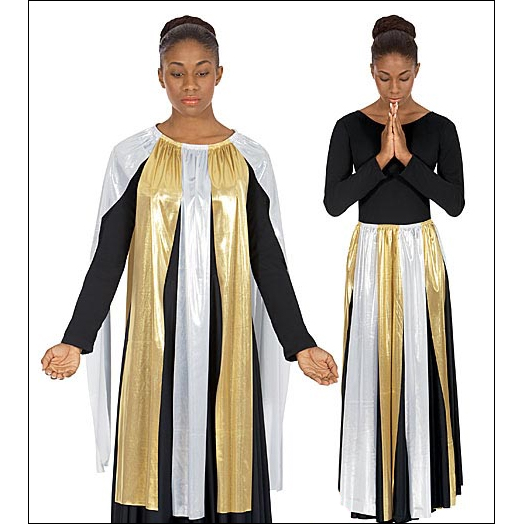 Metallic Streamer Skirt / Top Style #: Euro-14808. Metallic Streamer garment. Can be worn as a Top or as an overlay Skirt with your Liturgical Outfit. Shown over Black Dress # 512- sold seperately.
<li> Child Size: Stretches from 21" up to 37"
<li> Adult size: Stretches from 24" up to 40"
<li> Limited stock item. Allow two weeks for shipping. If unable to wait two weeks please call to check availablity.<br>