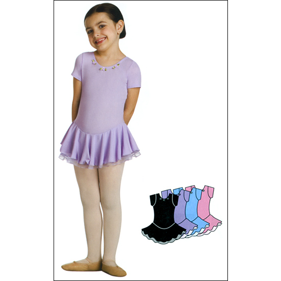 Nylon Short Sleeve Skirted Leotard Style #: 159. Nylon Short Sleeve Skirted Leotard has a chiffon under-skirt lining and features three satin rosettes on front neckline.