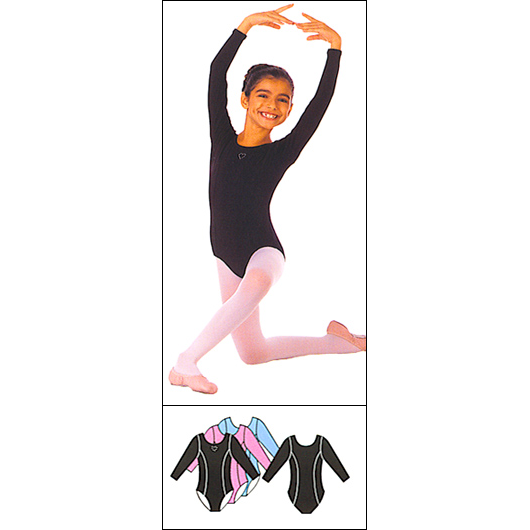 3/4 Sleeve Leotard Style #: 2006. 3/4 Sleeve leotard features a princess seamed body. Features a rhinestone heart neck trim.