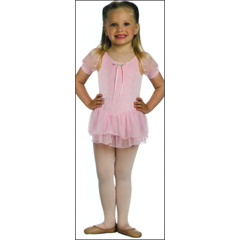 Skirted Princess Seamed Leotard Style #: 2070. Glitter Velvet skirted princess seamed leotard has double layer puff chiffon sleeves and full soft chiffon skirt in a matching color. Attached bow.