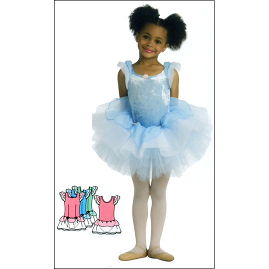 Skirted Frosted Panne Velvet Leotard Style #: 2124. Skirted frosted panne velvet darted leotard has a full layered crinoline skirt, layered chiffon flutter sleeves and peplum that features detachable rosette trim.