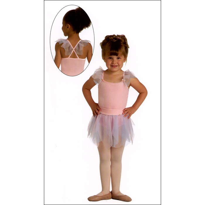 Camisole Leotard With A Skirt Style #: 2140 & 2141. This is a 2-Piece Outfit. Camisole Leotard has 2 Layers of contrast color chiffon petals at shoulder with rosette neck trim. Skirt Features two layers of contrast color chiffon and a velvet covered elastic waistband with Rosette trim.