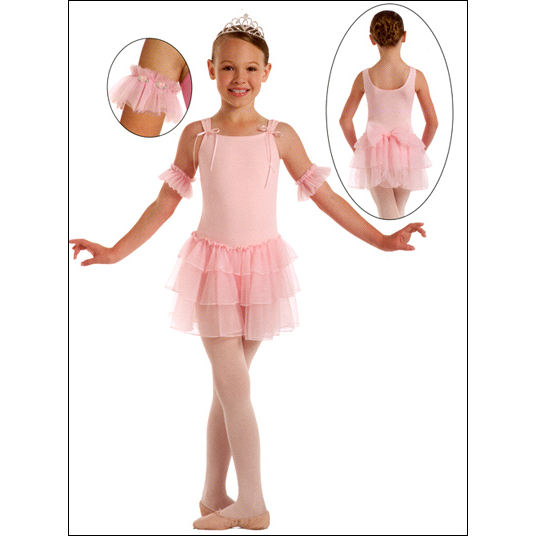 Tank Leotard With Attached Chiffon skirt Style #: 2200. Tank Leotard has a self lined bodice adorned with satin ribbon and roses and features a three tier attached chiffon skirt with a wide detachable back bow.
