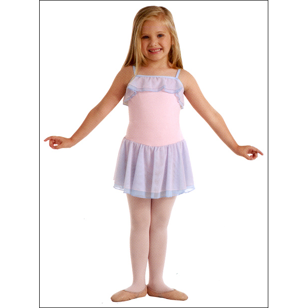 Skirted Camisole Leotard Style #: 2201. Skirted camisole leotard features a qwik wik front lining and has a two toned power mesh neck ruffle and skirt. Skirt and ruffle are made of 80% Nylon, 20% Spandex.