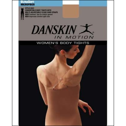 Women's UltraSoft Microfiber Body Tight Style #: 2241. Our UltraSoft Microfiber Body Tight is perfect under your costume or in the studio. It provides an all over smooth line and is extremly comfortable. Our body tight has adjustable straps and a convertible foot. Straps can be worn criss crossed or cami<br>
Product Features<br>
<li> Camisole straps 
<li> Convertible Foot 
<li> Adustable straps provide better fit and added comfort 
<li> Made in USA
