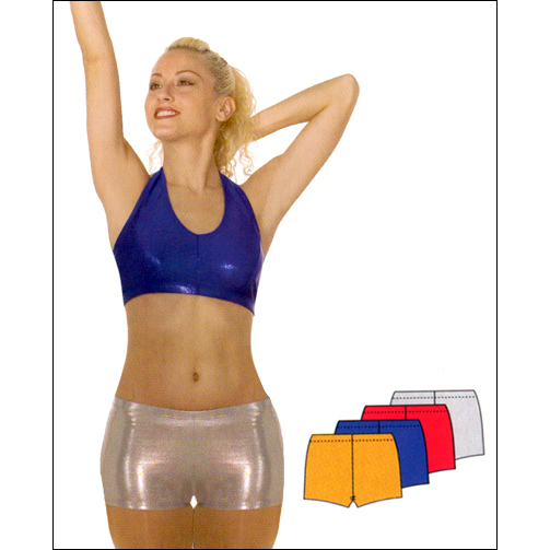 Metallic Dance Shorts Style #: 255. Low rise boy cut shorts. Very soft, shiny metallic, stretch fabric.
Shown in picture with top # 8490-sold searately.