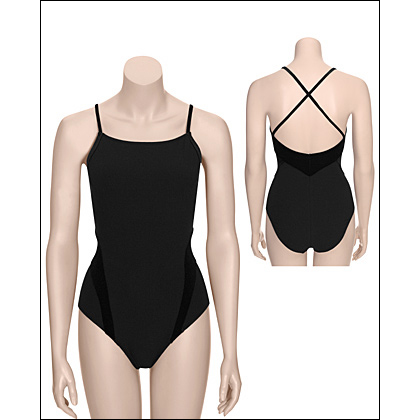 Fashion Leotards-High Neck Cross Back Cami Leotard Style #: 2515. Solid black leotards with intricate matte velour inserts are subtle touches that catches the eye with each movement. High neck Cross-back Camisole leotard has wrap around and arm. Crisscross back straps ensure good looks and secure fit. Extra support from shelf bra.

