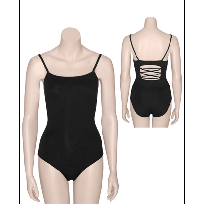 Women's Contemporary Hi-Neck Camisole Dance Leotar Style #: 2601. Our high-neck camisole leotard with shelf bra for light support is smooth and simple on the front -- but just wait 'til you turn around! The elasticized lace-up back inset is a real show-stopper! Enjoy the softness of cotton with a hint of Lycra® spandex for a flattering fit.