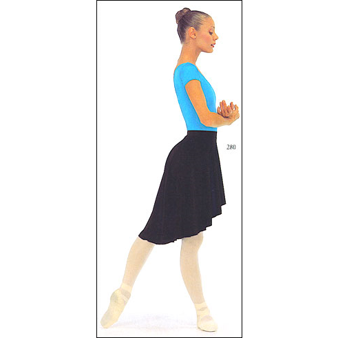 Lycra Skirt - cascade Style #: 280. Elastic waist,pull on cascade skirt.Longer side can be worn on back or side.
Small  : 11 Inch front/ 20 Inch back(waist to bottom of skirt)
Medium : 12 Inch front/ 22 Inch back(waist to bottom of skirt)
Large  : 13 Inch front/ 23 Inch back(waist to bottom of skirt)