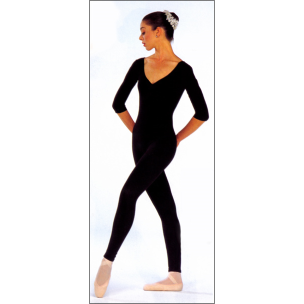 3/4 Sleeve Unitard Style #: BT-OS3006 / SAN-L4151C. Classic Ballerina Unitatd Style. 3/4 Sleeve, Pinched V-Neck,Scoop Back,Ankle length.
<li> Please allow two weeks shipping on this item.

<li>FOR MANY MORE UNITARD STYLES AND COLORS CHOICES REFER TO THE "MADE-TO-ORDER" UNITARD CATEGORY.