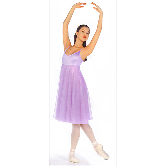 Lyrical Romantic Dress Style #: OS-8603-1. Lycra camisole dress with attached empire double layer chiffon circle skirt.Top is front lined. Dress Has An Attached Brief.