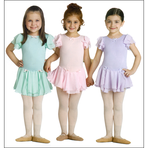 Girls Chiffon Skirted Leotard Style #: C3531. Chiffon Petal sleeve leotard with a chiffon double layer skirt with  bows.