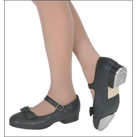 Capezio -Childrens Leather  Buckle Tap Shoe Style #: 3800C. Capezio®'s leather buckle tap shoe with 1/2" reinforced leather straps, box toe, suede leather sole and one piece insole. Teletone taps screwed on with fiberboard. Non-skid tan rubber pad and leather heel lift. Velcro closure with ornamental buckle. Shoe comes with a removable bow clip.