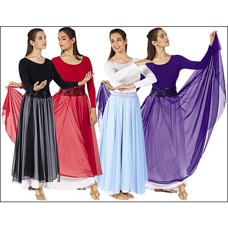 Single Overlay Chiffon Skirt Style #: 538 / 0538. Solid chiffon overlay sheer skirt with a stretch elastic waist.Can be layered for colorful effects.Girls sizes 30-34 inches long,Ladies sizes 38-40 inches long.

<li> Shown in picture over White skirt style # 501, with Long Sleeve Leotard # 0209, and with sequin belt # 13744. All sold seperately.<br>