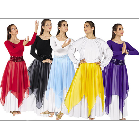 Single  Layer Handkerchief Skirt Style #: E-39768. Solid Chiffon Sheer Handkerchief Skirt With An Elastic Waist Band.

<li> Shown in picture over White skirt # 501, and Shawl leotard # 523. Both sold separately.