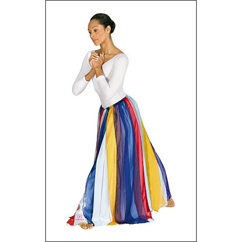 Multi Color Streamer Skirt Style #: Euro-39808. Chiffon Multi-Color streamer skirt with an elastic waist.Layer it to brighten-up your Liturgical outfit
<li>Child One Size: Waist stretches from 21" up to 37"
<li>Adult One Size: Waist stretches from 24" up to 40"
Shown in picture over Dress # 512- sold seperately.
<li> Limited stock item. Allow two weeks for shipping. If unable to wait two weeks please call to check availablity.<br>