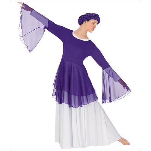Liturgical  Peplum Top Style #: Euro-39813. Polyester Top with Chiffon Double Layer Peplum and Bell Sleeves. Shown in picture over White Dress # 512- sold seperately.
<li> Available in Adult and Child sizes.<br>
<li> Limited stock item. Allow two weeks for shipping. If unable to wait two weeks please call to check availablity.<br>