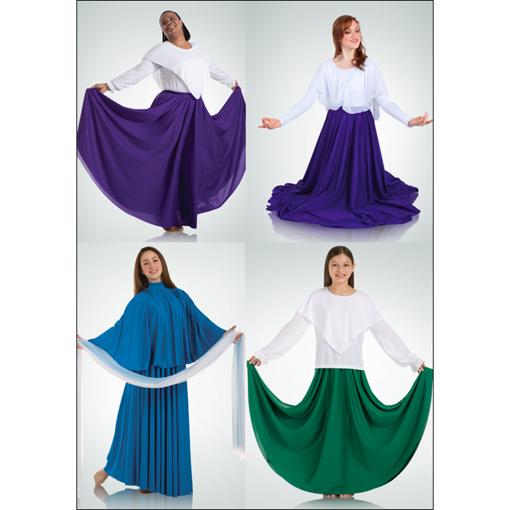 Liturgical-Double Circle Skirt Style #: 502. Matte finish Double Circle Skirt.Extra Long and Flowy.Can Be Cut to Desired Length.Available in children sizes(28-32 inches long depending on size), and in adult sizes (40 inches long).Shown with Shawl-Leotard # 523 And Sash # 536 - sold separately.
