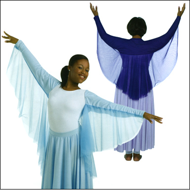 Angel Wing Shrug Style #: BW 505. Angel Wing Shrug features an easy on body with full roomy sleeves with a single layer of chiffon falling from the sleeves and across the back.