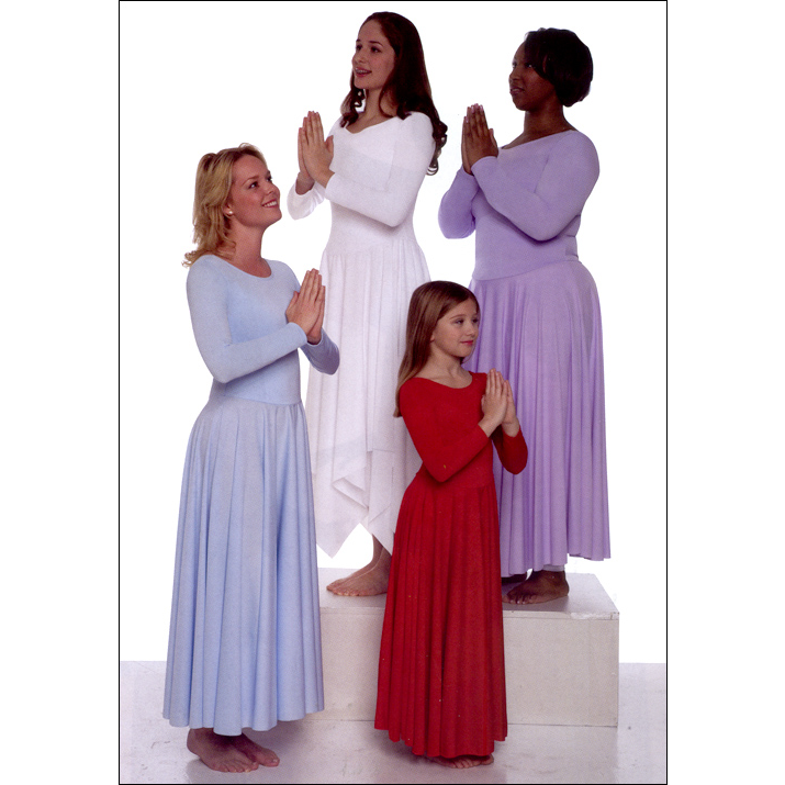 Long Sleeves Liturgical  Dress Style #: 512. Long Sleeves, Scoop Neck With Ankle length Skirt. Top of Dress is made out of stretch Nylon/Lycra. Matching attached skirt is made out of soft and flowy polyester. Available in Child And Adult Sizes