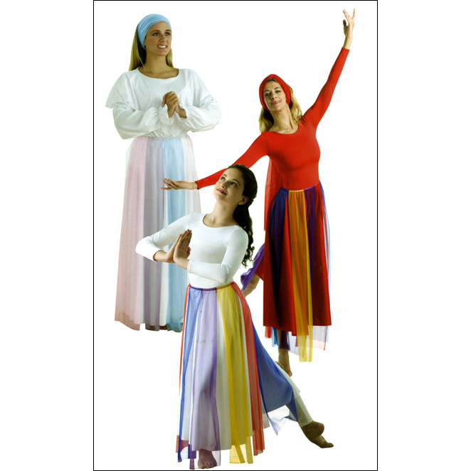 Long Skirt Multi-Colored Style #: 547. Long skirt has multi-colored chiffon panels on an elastic waistband. Available in Pastel Color combo, or Primary Color combo.
