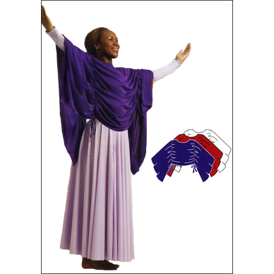 Draped Pullover Has Wide Open Arm Panels Style #: BW-560. Draped pullover has wide open arm panels that extend from the body that features a front to back elastic shimmering with ties at the side waist.