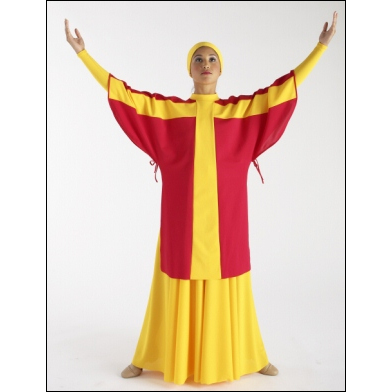 Tabard w/ Cape Sleeves & Flag Gold Inset Style #: MS-71531. Tabard w/ Cape Sleeves & Flag Gold Inset - Stretch Pique
Shown in picture over Yellow Skirt #13730 and Yellow Leotard #TB135-both sold separately.
<li> limited stock item. Allow two weeks for shipping. If unable to wait two weeks please call to check availablity.<br>