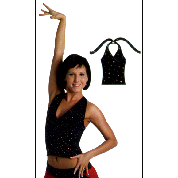 Hologram Dot Mock Wrap Halter Pullover Style #: 7170. Hologram dot mock wrap halter pullover has a comfortable back neck tie and features a qwik wik front lined bodice.