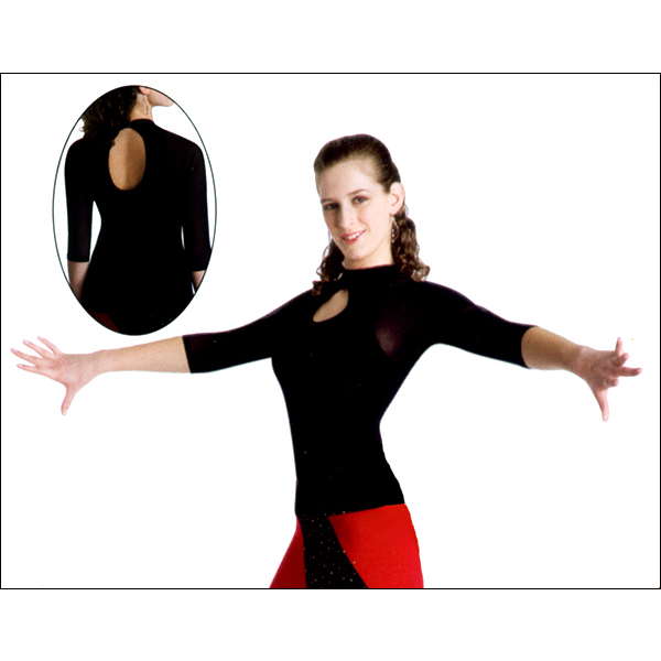 Free Flo Pullover Style #: 7171. Free flo pullover has 3/4 power mesh sleeves, a mock turtleneck, G-hook back neck closure and keyhole front and back opening.