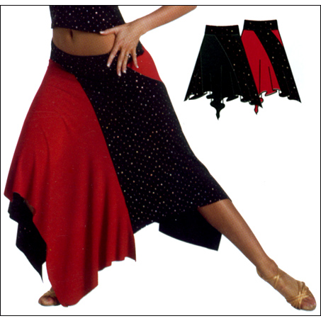 Drapery Skirt Has Hologram Dot Style #: 7172. Drapery skirt has hologram dot and solid free flo panels, with a wide waistband for a skirt designed to move.