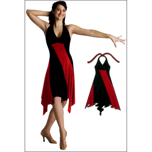 Mock Wrap Halter Dress Style #: 7173. Mock wrap halter dress has a bodice with a comfortable back neck tie and a qwik wik front lining. The black and red free flo solid panels are designed to move.