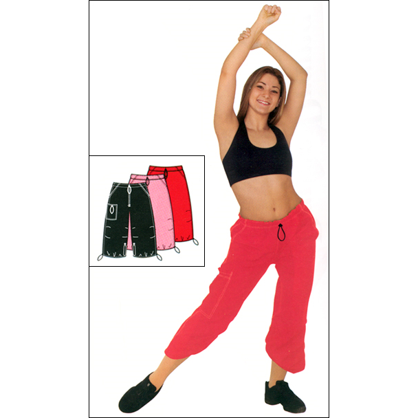 Baggy Fit Hip Hop Crop Pant Style #: 7288. Baggy fit hip-hop crop pant has roomy pockets, knee darts, pocket at right knee, toggle bungee cord drawstring trim and adjustable pant leg tab detail. Nylon "RipStop" fabric.